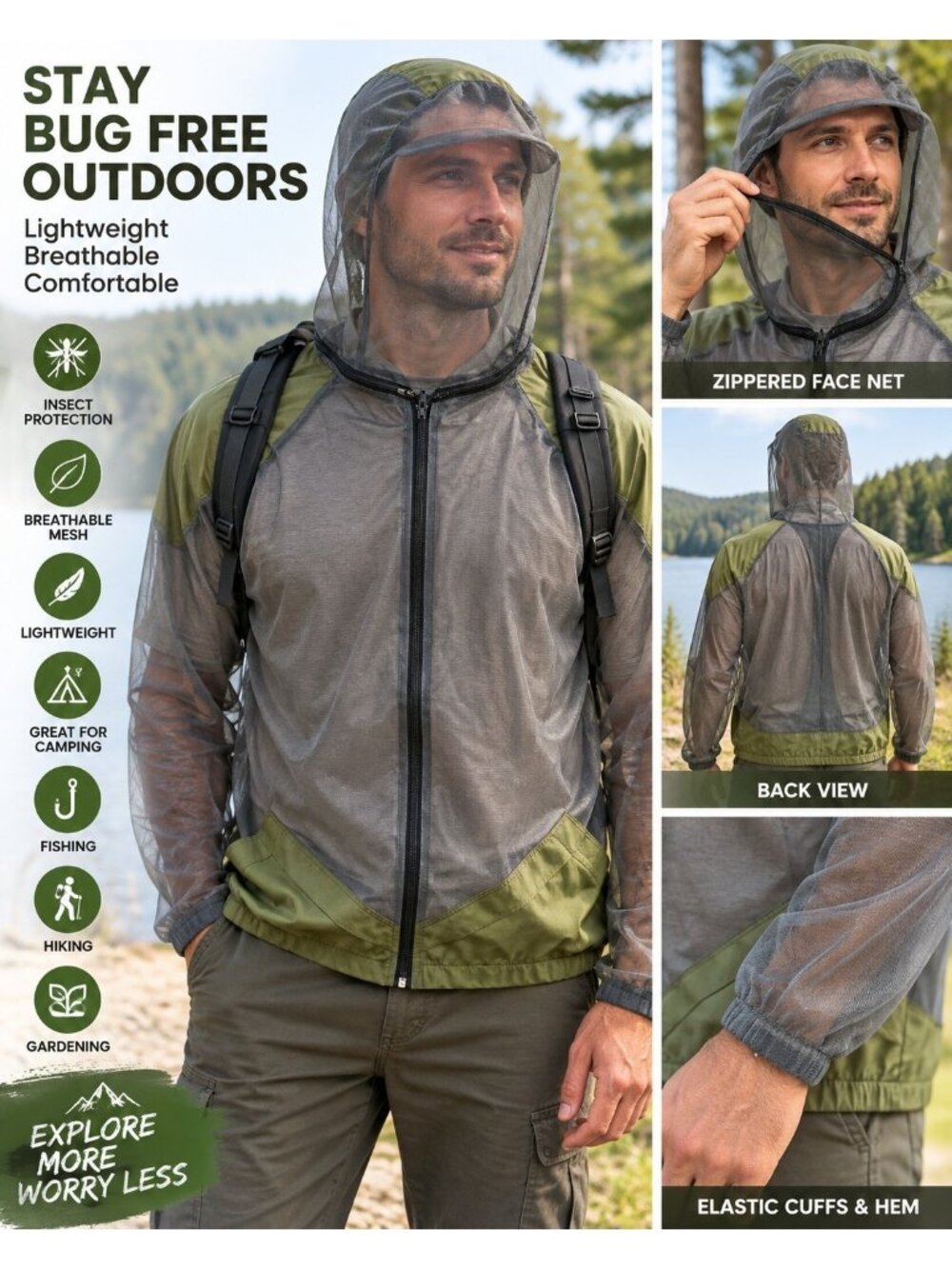 3XL Mesh Mosquito Bug Jacket Full Zip Hood Face Net Olive Camping Fishing Garden